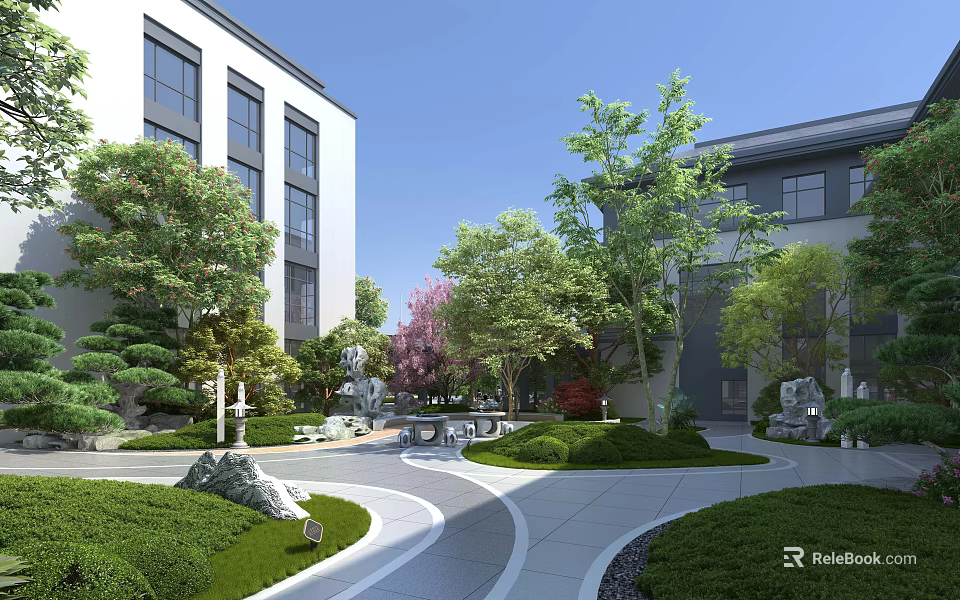 Elegant New Chinese Style Residential Garden Landscape With Lush Greenery Artistic Stones And Smooth Paths 3d model 