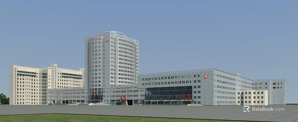 Modern Hospital Building Exterior Featuring Tall Tower Low Rise Structure And Glass Curtains 3d model 