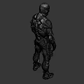 Detailed Futuristic Armored Character In Tech Suit Standing Against Orange Background