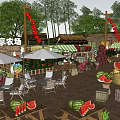 Outdoor Garden Landscape with Dining Area Watermelons Umbrellas Tables Chairs Red Lanterns and Thatched Huts