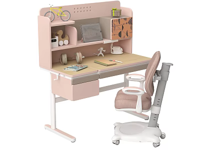 Pink Kids Desk With Bookshelf Chair And Toys Decorations For Study Room 3d model