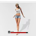 Woman in White Tank Top and Denim Shorts Standing Barefoot with Hat on White Background