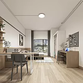Modern Minimalist Apartment Interior With Open Kitchen Bedroom Wooden Floor And Decorative Painting