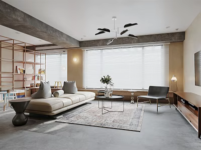 Modern Living Room Design Featuring Beige Sofa Gray Accent Chair Coffee Table Area Rug Window Blinds And TV Stand 3d model
