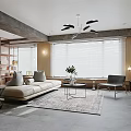 Modern Living Room Design Featuring Beige Sofa Gray Accent Chair Coffee Table Area Rug Window Blinds And TV Stand