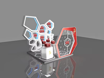 Hexagonal Display Shelves With White Red Grid Structure And Red Products Modern Design 3d model