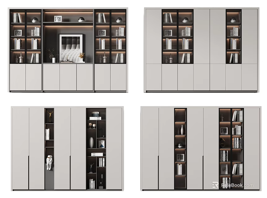 Modern Bookcase Interior Design With Open Shelves Closed Cabinets And Storage Compartments 3d model 