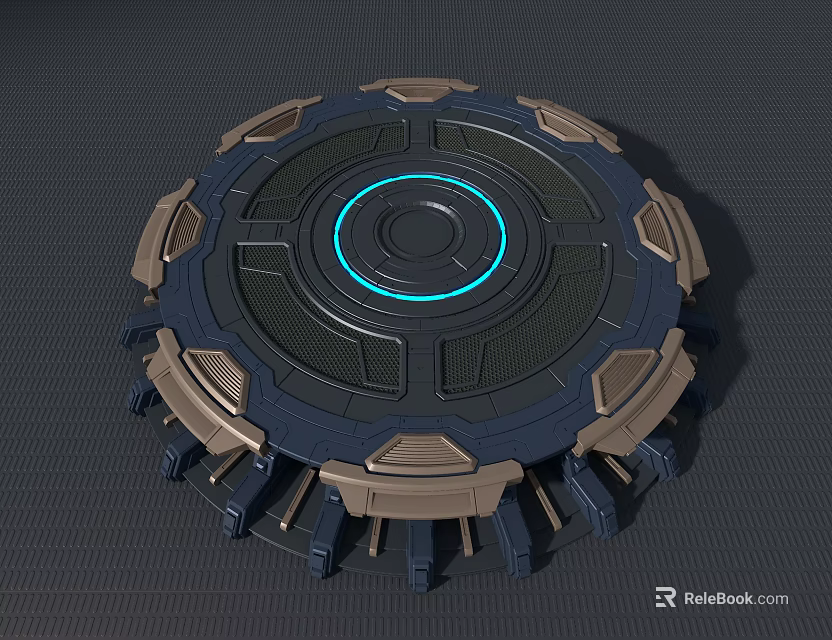 Futuristic Circular Tech Device With Blue Glowing Ring And Metallic Structure 3d model