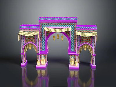 Arabian Style Archway With Colorful Geometric Patterns Decorative Canopies Lantern Decorations And Purple Pink Blue Tones 3d model