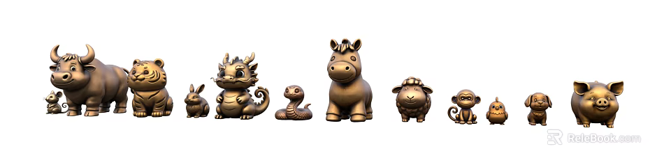 Cute Golden Animal Figurines Collection Featuring Dragon Snake Horse And Sheep 3d model 