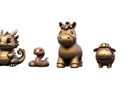 Cute Golden Animal Figurines Collection Featuring Dragon Snake Horse And Sheep 3d model