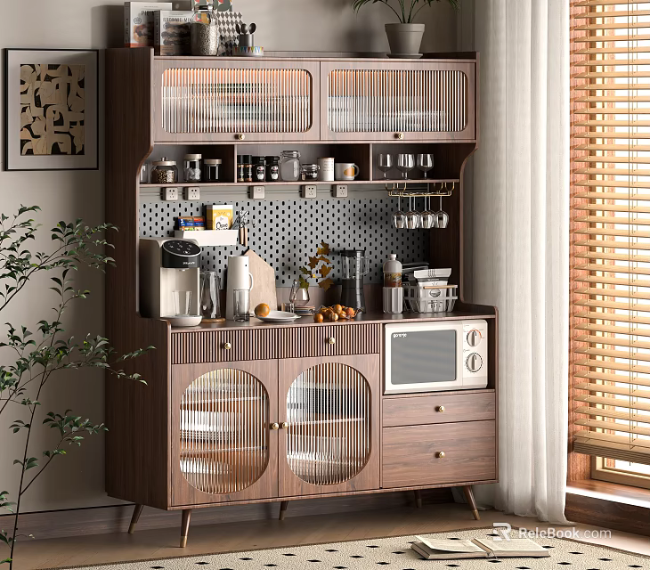 Modern Wooden Sideboard with Glass Doors Metal Grille Storage Drawers Kitchen Appliances and Potted Plant 3d model 