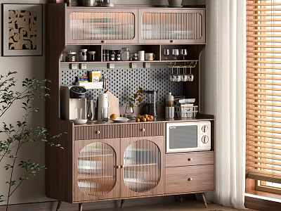 Modern Wooden Sideboard with Glass Doors Metal Grille Storage Drawers Kitchen Appliances and Potted Plant 3d model