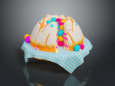 Round Dome Shaped Cake With White Frosting And Colorful Decorations On Blue White Checkered Napkin 3d model