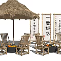 Wooden Outdoor Chairs With Straw Umbrella Black Round Tables And Calligraphy Scrolls