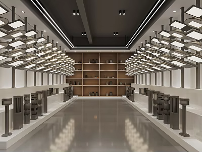 Spacious Exhibition Hall With Neatly Arranged Display Stands Central Passage And Ceiling Lights 3d model