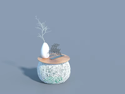 Round Woven Coffee Table With Wooden Top White Vase And Twig Decor 3d model