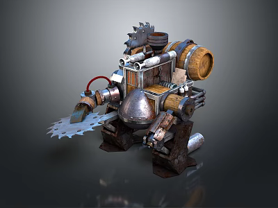 Steampunk Mechanical Device With Metal Gears Saw Blade And Wooden Barrel 3d model