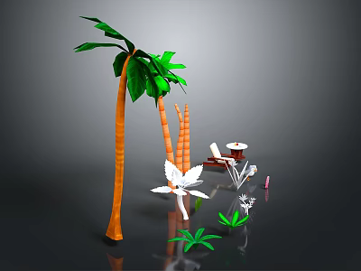 Tropical Decorative Scene With Tall Palm Trees Green Leaves And Orange Trunks 3d model
