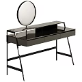 Modern Black Dressing Table With Round Mirror Drawers And Metal Frame Design