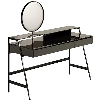 Modern Black Dressing Table With Round Mirror Drawers And Metal Frame Design 3d model