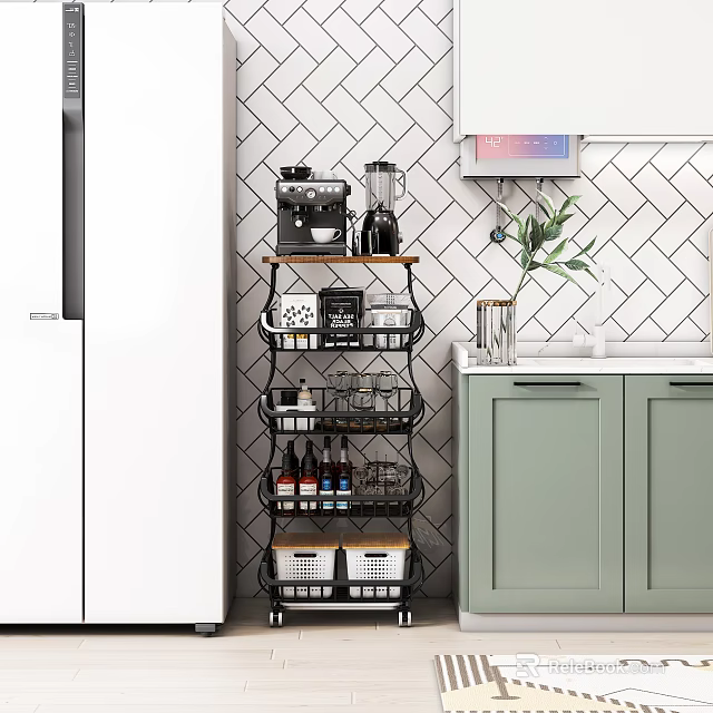 Multi Tier Bathroom Cabinet Rack With Metal Frame Storage Baskets And Green Cabinets In Kitchen 3d model 