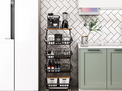 Multi Tier Bathroom Cabinet Rack With Metal Frame Storage Baskets And Green Cabinets In Kitchen 3d model