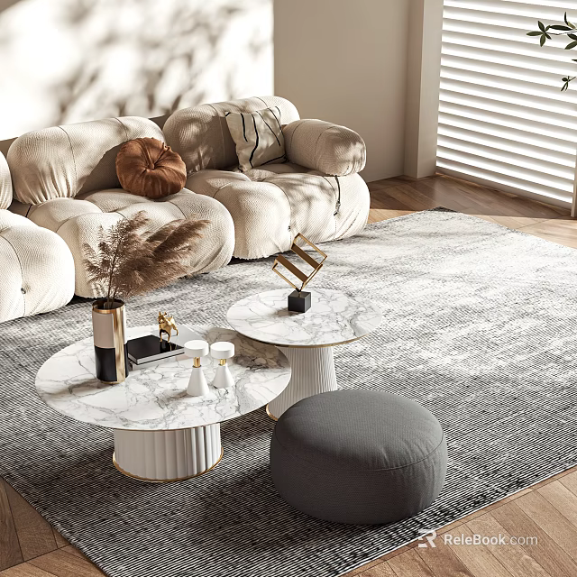Modern Coffee Table With Marble Top Gold Base Decorative Vase Gray Stool In Living Room 3d model 