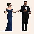 Elegant Couple In Blue Off Shoulder Dress And Black Tuxedo Performing With Expressive Gestures