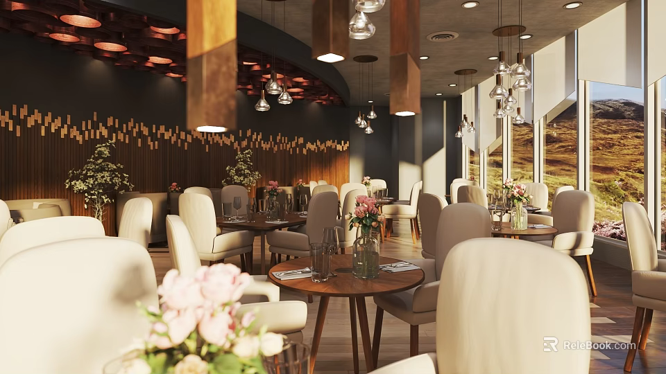Elegant Restaurant Interior With Round Tables White Chairs And Hanging Lamps 3d model 