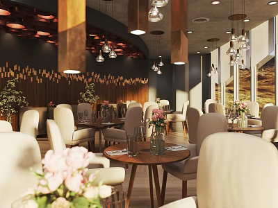 Elegant Restaurant Interior With Round Tables White Chairs And Hanging Lamps 3d model