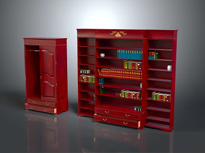 Red Wooden Bookcases Featuring Multiple Shelves Drawers And Decorative Books Arrangement 3d model