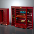 Red Wooden Bookcases Featuring Multiple Shelves Drawers And Decorative Books Arrangement