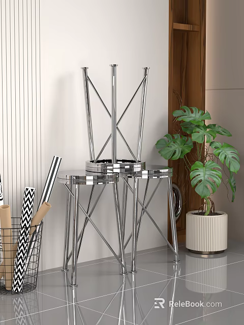 Modern Chrome Stools With Geometric Frame And Monstera Plant In Living Area 3d model 