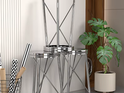 Modern Chrome Stools With Geometric Frame And Monstera Plant In Living Area 3d model