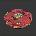 Red Spinning Weapon Toy Top With Central Cartoon Design And Green Decorative Accents