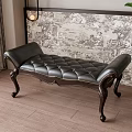 Classic Black Leather Tufted Bench with Carved Wooden Legs in Living Room