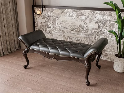 Classic Black Leather Tufted Bench with Carved Wooden Legs in Living Room 3d model