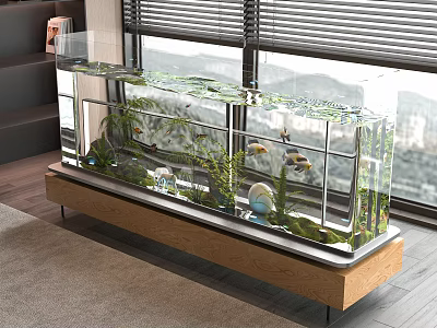 Lush Aquatic Glass Fish Tank With Green Plants Colorful Tropical Fish And Decorative Ornaments 3d model