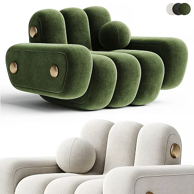 Modern Single Sofa Interior Design In Green And Beige With Rounded Shape And Metal Buttons 3d model