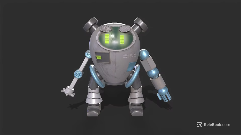 Smart Robot With Green Digital Display Sensor Antennas Gray Body And Blue Mechanical Arms 3d model 