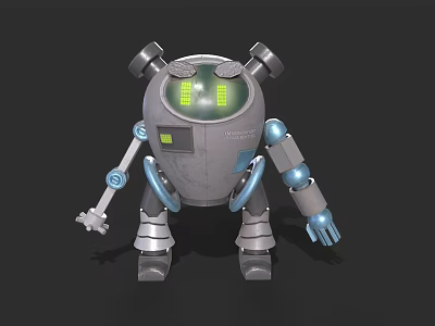 Smart Robot With Green Digital Display Sensor Antennas Gray Body And Blue Mechanical Arms 3d model