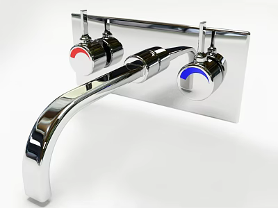 Modern Two Handle Chrome Faucet Featuring Red And Blue Temperature Indicators 3d model