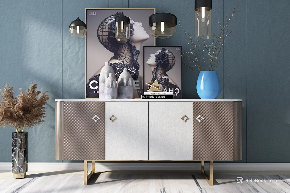 Elegant Modern Console Sideboard Cabinet With Brass Legs Blue Wall Artwork And Vase 3d model 