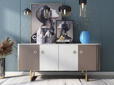 Elegant Modern Console Sideboard Cabinet With Brass Legs Blue Wall Artwork And Vase 3d model