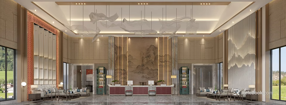 Luxurious Hotel Lobby Interior Design With Artistic Chandeliers Landscape Painting And Reception Desk 3d model 