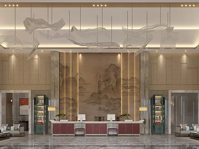 Luxurious Hotel Lobby Interior Design With Artistic Chandeliers Landscape Painting And Reception Desk 3d model