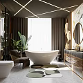 Elegant Modern Bathroom Interior With Marble Wall Double Circular Mirrors Golden Accents And Wooden Vanity