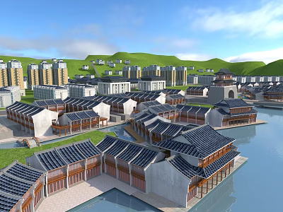 Aerial View Urban Planning Featuring Traditional Modern Architecture Waterfront Green Hills 3d model