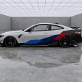White Sports Car With Blue Red Stripes In Empty Gray Room Reflective Floor